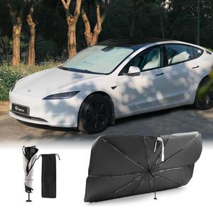 Tesla Model Y /3 /S /X 2017-2026용 TPARTS 윈드실드 선쉐이드 우산, 유리 리브와 360 구부릴 수 있는 핸들 자동차 내부 커버(54인치 L x 35인치 W)용 풀사이즈 폴더블 UV 광선 반사기