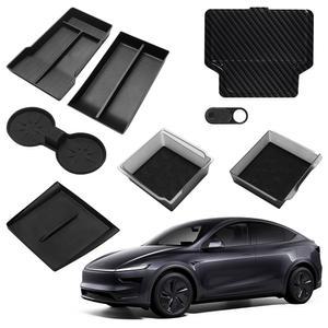 테슬라 모델 Y 주니퍼 2026용 8PCS 센터 콘솔 정리함, 상단 및 하단 트레이, 암레스트 숨겨진 보관함, 무선 충전 매트, 컵 홀더 삽입물, 자동차 카메라 커버 포함