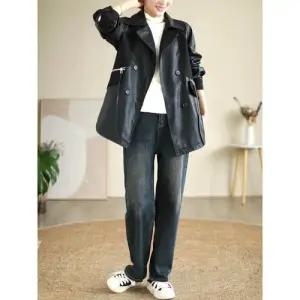 빛채운 여사친 빈티지 트렌치 빅사이즈 PU가죽 앤티크룩 봄가을 워싱 코트 가죽 정장 루즈핏 OPH3
