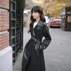 빛채운 여사친 검정 빈티지 pu가죽 스트링 봄가을 롱코트 트렌치코트 OPH3