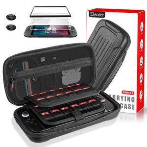 닌텐도 스위치용 일렉더 2 케이스 블랙 - 24개의 게임 카트리지, 2개의 스크린 프로텍터, 엄지 그립 캡, 콘솔용 하드 쉘 휴대용 여행용 파우치 백, 액세서리가 포함된 보호용