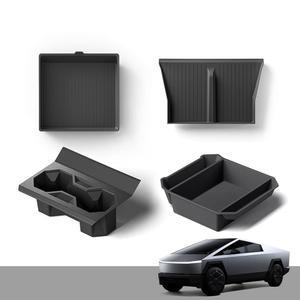 테슬라 사이버트럭 액세서리 센터 콘솔 정리함 무선 충전기 및 암레스트 박스 보관 트레이 매트 내부 보호 미끄럼 방지용 4PCS 번들 실리콘 컵 홀더 삽입 TPE 패드