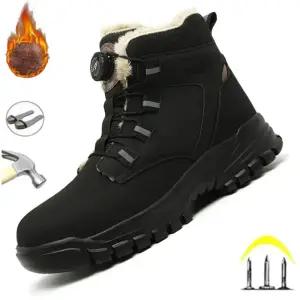 패션 2024 겨울 벨벳 남자 작업 안전 신발 건설 현장 불멸의 방수 강철 발가락 모자 부츠 남성