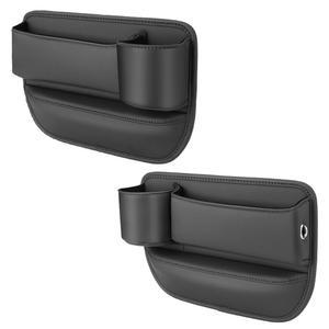 컵 홀더가 있는 코네티 2팩 카시트 갭 필러 정리함, 조절 가능한 보관함 가죽, 휴대폰 안경 키 카드용 홀더(블랙. 운전석-승객석)