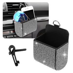 Hbxdeco 자동차 통풍구 보관 정리함, 라인스톤 가죽 파우치, 블링 걸이 가방 포켓 케이스, 유니버설 카 마운트 휴대폰 선글라스 코인 홀더(흰색)