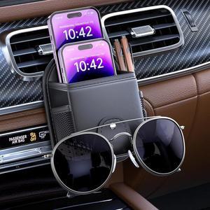 카 에어벤트 보관 가방 정리함 포켓, 선글라스 홀더 마운트 폰 코인 키 카드 케이스 클립 포함, 정리함. (블랙)