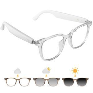 여성용 스마트 안경, 포토크로믹 렌즈가 장착된 블루투스 안경으로 선명한 오디오 원격 촬영, 투명 프레임 및 흰색 다리, 실내 실외에 적합합니다