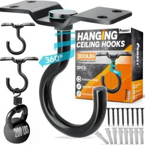 업그레이드 2Pc 200LBS 회전식 천장 후크 4개의 나사 포인트 베이스 벽걸이 금속 걸이 블랙 식물 새 모이통