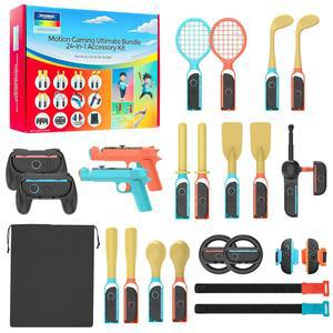 닌텐도 스위치 2 /NS OLED, 모션 게이밍 얼티밋 번들, 테니스 라켓, 골프 클럽, 스티어링 휠 등과 호환되는 24-in-1 액세서리 키트 - 보관 가방 포함