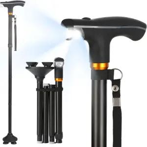 LED 조명이 있는 팔레라 워킹 지팡이 - 접이식 조절 가능 자유 스탠딩 피벗 쿼드 베이스 노인 및 합금