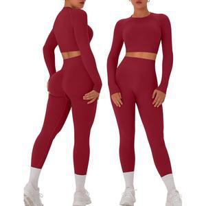 올치 여성 운동 세트 2피스 심리스 긴팔 크루넥 크롭 탑 셔츠 스크런치 엉덩이 레깅스 체육관 요가복