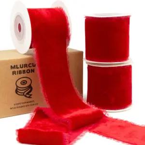 레드 벨벳 리본 2인치 3Yds 핸드메이드 페이딩 프린지 러스틱 보호 원시 가장자리 패브릭 청첩장 신부 부케