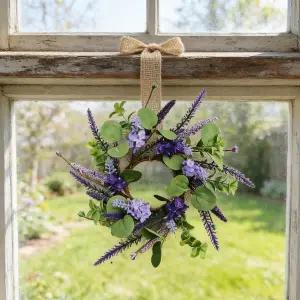 바이올렛 수국 꽃과 유칼립투스 잎이 달린 캐비닛용 작은 라벤더 걸이 화환 6개 가정용 주방 현관 창문 벽