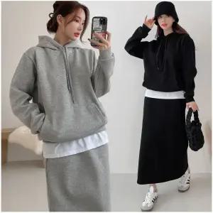 [렛잇샤인]빅사이즈 리피 이너 레이어드 후드티+롱스커트 상하의세트