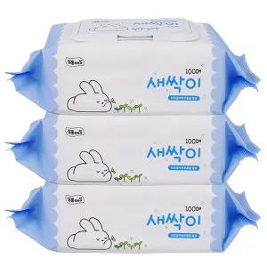 미래생활 새싹이 순수물티슈(100매)-3개 캡형 안전한 아기물티슈 휴대용 7단계정제수 레이온원단함유