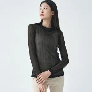 메탈 시스루 프릴넥 긴팔 티셔츠 LFTSO306_BK