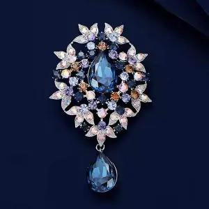 복고풍 하이덴드 럭셔리 크리스탈 루미에르 플라워 브로치 블루
