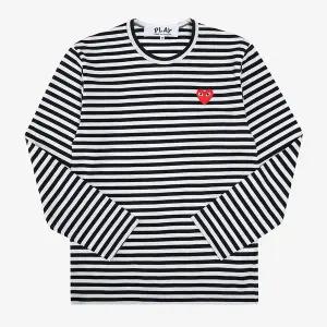 [꼼데가르송] AX-T164-051 1 PLAY 플레이 레드 하트 와펜 스트라이프 공용 긴팔티