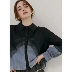 [막스까르띠지오]웨이브 플리츠 데님 배색 블라우스_P415980968