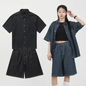 화이트빌딩 여자 데님반바지 반팔셔츠 흑청 연청 와이