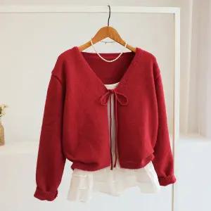 [잇수다] (SET) 루빈나 리본 스트랩 루즈핏 니트 가디건 + 프릴 캉캉 나시 세트