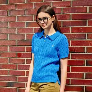 여성 케이블 반팔 카라 니트 꽈배기 면 100% 여름 스웨터