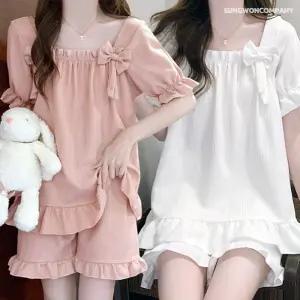 이너퀸 프리수 여성 캡내장 반팔 반바지 잠옷 상하세트 프릴 스퀘어넥 셔링 빅사이즈 여름 홈웨어 파자마 실내복 201투리본세트