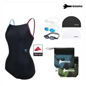 [롯데백화점]레노마 여성 솔리드 끈배색 U백 원피스수영복. 수경.수모4종 세트 LS2G804SET_지퍼백증
