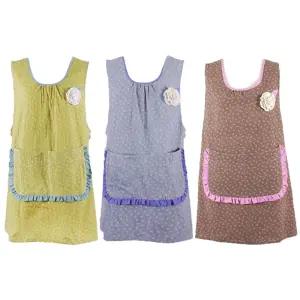 끈없는 원피스형 장식 플라워 체크프릴 옆단추 앞치마