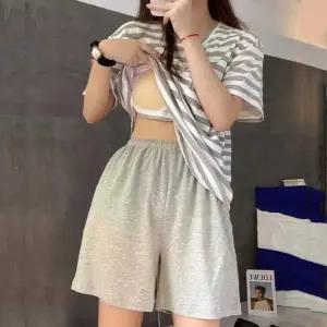 단가라 캡내장 반팔 잠옷세트 빅사이즈 잠옷 여자 여름 스트라이프 줄무늬 캡내장 단가라 반팔