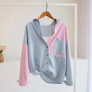 [잇수다] 오드버 핑크 스트라이프 배색 오버핏 연청 데님 셔츠 남방