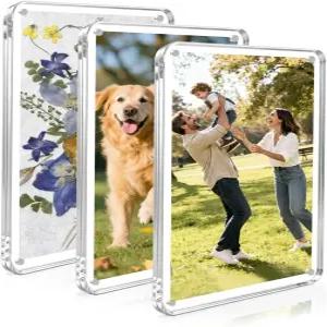 JSSTEM 3팩 냉장고용 마그네틱 아크릴 액자 4×6인치 양면 투명 가정 사무실 기숙사용 두꺼운 디자인 둥근