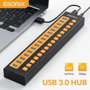 IDsonix 노트북용 USB 3.0 허브 고속 개별 ON/OFF 분배기 어댑터 C타입 도킹 스테이션 7/10/16 포트 5Gbps