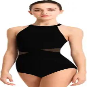 하네벨 여성 홀터 넥 댄스 레오타드 메시 발레 비대칭 스플라이싱 허리 내장 패딩