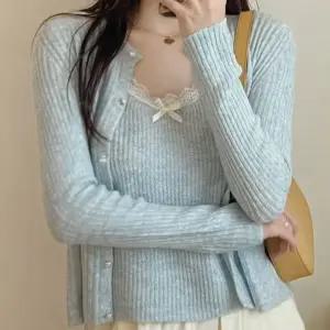 리본포인트 레이스 골지 니트 가디건 세트