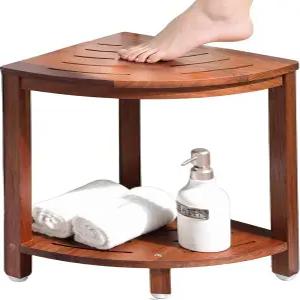 내부 샤워를 위한 KEGII 티크 코너 스툴 면도 다리를 방수 우드 풋레스트 수납 선반이 있는 벤치 시트