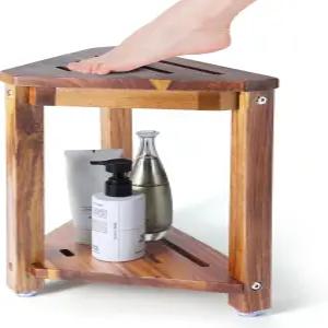 야오이이지 샤워 풋 레스트 13.5인치 다리 면도용 아카시아 우드 스툴 수납 선반이 있는 작은 발 내부