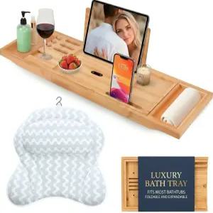 욕조용 푸칼리아 트레이 및 인체공학적 베개 프리미엄 - 캐디 확장형 29~42.5인치 접이식 대나무 나무