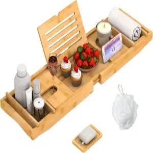 고급 욕실용 대나무 욕조 트레이 비누 타월 책꽂이가 있는 확장 가능한 프리미엄 조절 액세서리 와인잔 컵