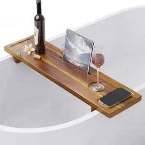 욕조 트레이 아카시아 다리 조절 가능한 34.6인치 x9인치 나무 캐디 다양한 미끄럼 방지 지속 와인잔 및