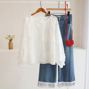 [잇수다] 필모드 플라워 자수 리본 스트링 퍼프 블라우스