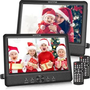 WONNIE 10.5인치 자동차 DVD 플레이어 2대 휴대용 듀얼 스크린 헤드레스트 비디오 5시간 충전식 배터리 AC