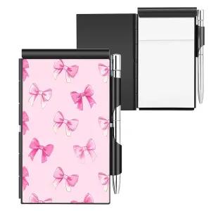 펜이 달린 귀여운 작은 포켓 노트 핑크 보우 메탈 미니 메모장 홀더 간호사 서버 사무실 및 일일 위한 리필