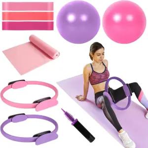 긴 탄성 밴드(5.9 ×59 )가 있는 오미스타 필라테스 링 세트 - 2×15 매직 서클 미니 운동 볼 2개 핸드