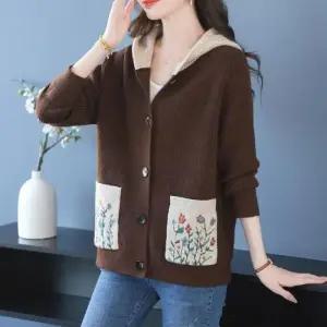 여성 니트 빈티지 춘추 가디건 카디건 상의 후드 자카르 쇼트 OP3
