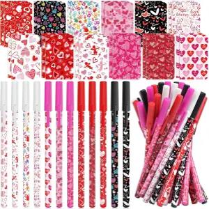 Faccito 48 팩 발렌타인데이 펜과 노트북 하트 볼펜 미니 발렌타인 노트패드 학교 교실 파티 혜택 보상