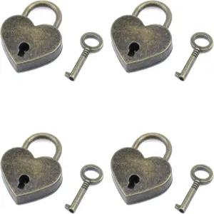 T Tulead 4PCS 빈티지 자물쇠 브론즈 하트 모양 39×30mm 미니 노트북 상자 캐비닛용 열쇠 포함
