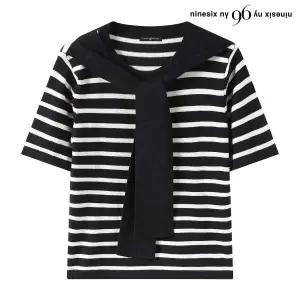 [롯데백화점]올앤선드리 숄 세트 스트라이프 배색 라운드 반팔 니트 (NQ2KT002L0)