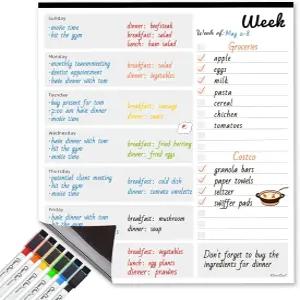 마그네틱 드라이 이레이즈 주간 캘린더 - 냉장고용 6개의 추가 미세 포인트 마커 포함 배송 플랫