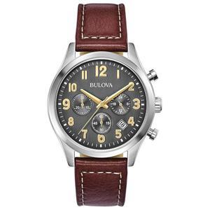 [미국배송] BULOVA 남성용 클래식 스테인리스 스틸 6핸드 크로노그래프 쿼츠 가죽 스트랩 시계 그레이 다이얼 골드 액센트 아랍어 마커 41MM